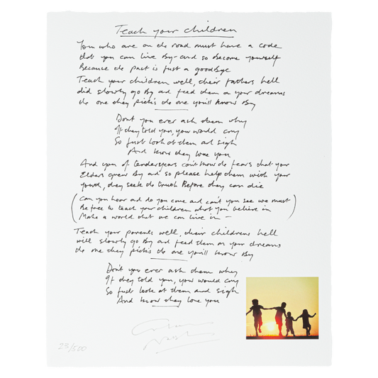 Hand-signed lyric manuscript of the song 'Teach Your Children' with archival pigment print, measuring 8x10 inches, featuring text and a picture of a family at the bottom.