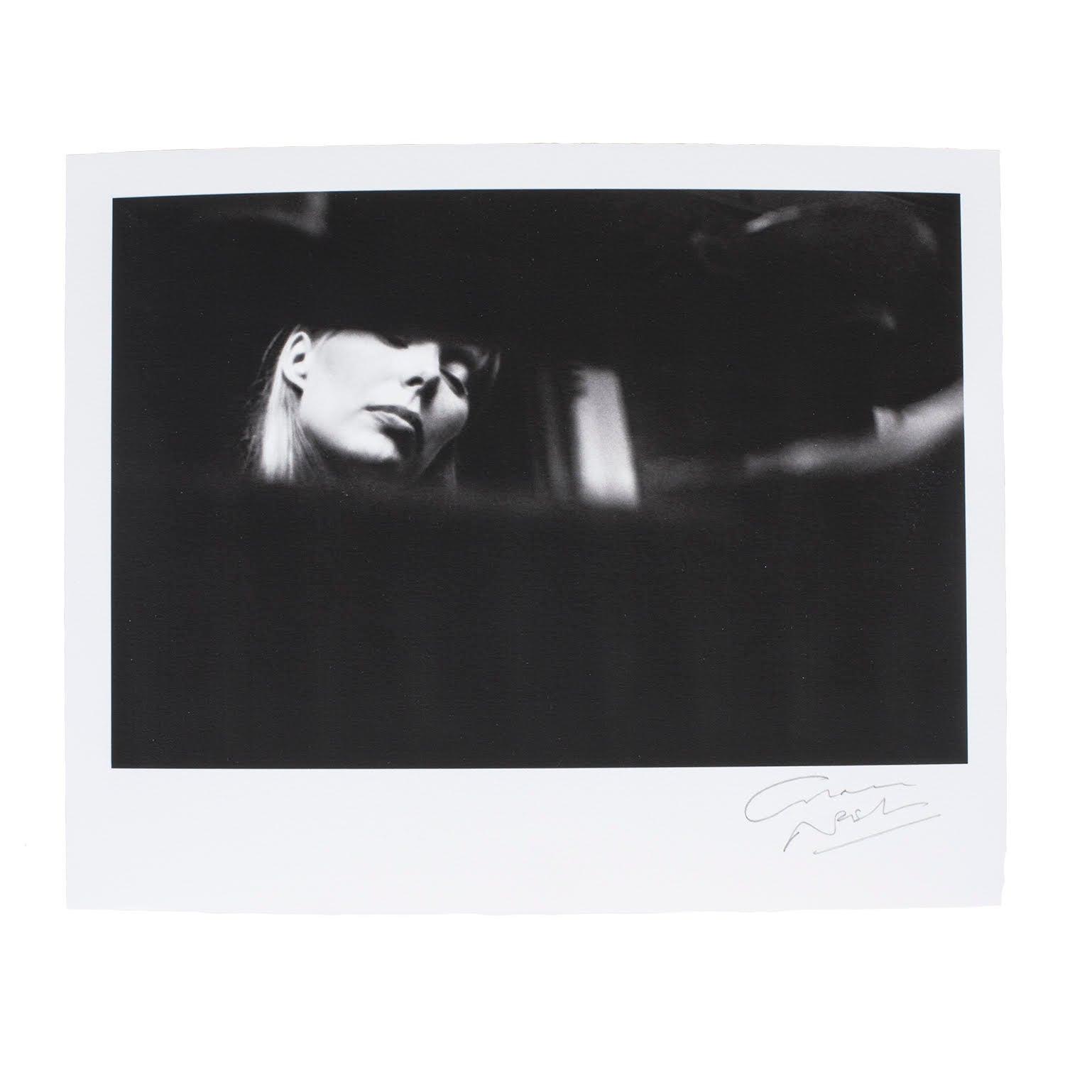 Hand-signed Joni Mitchell listening to music black and white photo Graham Nash 